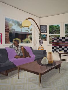 a painting of a woman sitting on a couch in a living room next to a coffee table