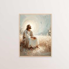 a painting of jesus sitting in the grass