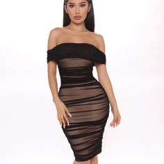 Mesh Midi Dress Off Shoulder Ruched Hidden Back Zipper Fully Lined Stretch Self: 95% Polyamide 5% Spandex Lining: 100% Polyester Imported Ruched Midi Mesh Dress For Night Out, Ruched Mesh Dress Midi Length For Night Out, Black Fitted Ruched Mesh Dress, Knee-length Ruched Club Dresses, Bodycon Ruched Midi Dress For Club, Club Bodycon Midi Dress With Ruched Detail, Stretch Ruched Midi Dress For Club, Knee-length Ruched Bodycon Dress For Night Out, Black Ruched Bodycon Mesh Dress