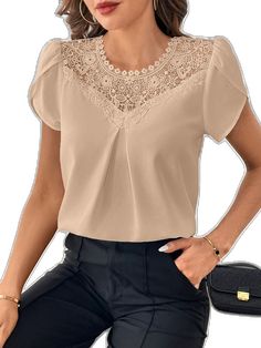 Elegant Non-stretch Beige Tops, Elegant V-neck Blouse With Lace Patchwork, Formal Lace Patchwork Blouse, Summer Short Sleeve Lace Top For Work, Formal Beige Short Sleeve Blouse, Formal Tops With Lace Patchwork, Fitted Workwear Blouse With Lace Patchwork, Fitted Lace Patchwork Blouse For Work, Beige Non-stretch Top For Work