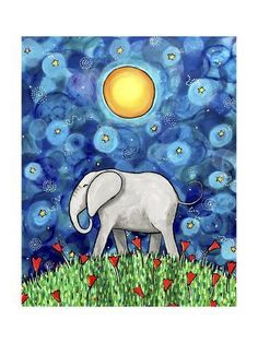 an elephant standing on top of a lush green field under a blue sky with stars