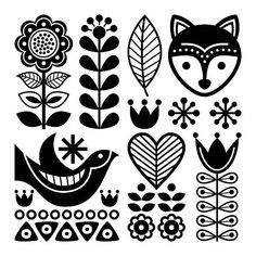 black and white floral design elements with hearts, flowers, leaves and birds on a white background