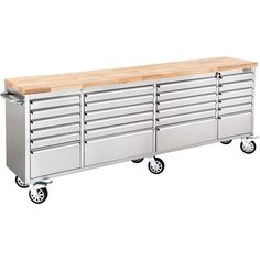 a large metal tool cabinet with drawers and wheels on the bottom, in front of a white background