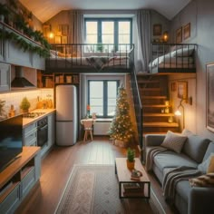 a living room filled with furniture and a christmas tree