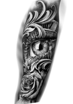 a black and white photo of an eye with roses on it's arm, done by