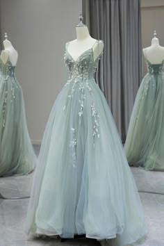 Stylish Spaghetti Strap Tulle Floor Length Formal Dress Gray Green V-N – Buyishang Dresses Sheer V-neck Dress For Prom Season, Spring Evening Dress With Spaghetti Straps In Tulle, Prom Dress Short Lace, Backless Party Dress, Formal Party Dresses, Tulle Long Prom Dress, Dress Applique, Princess Vibes, Champagne Prom Dress