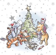 winnie the pooh and friends around a christmas tree