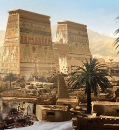 an ancient egyptian city with palm trees in the foreground and mountains in the background