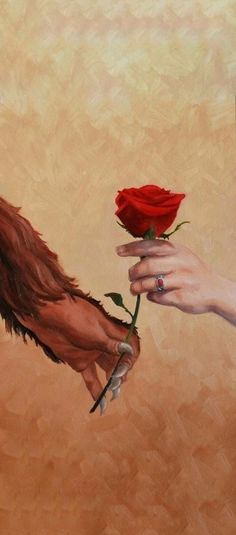 a painting of two hands holding a red rose with the other hand reaching for it