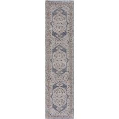 a long rug with an intricate design on the bottom and sides, in grey tones