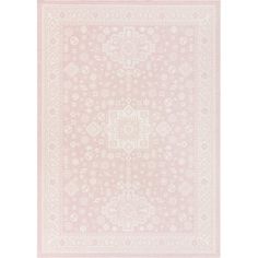 a pink and white rug with an intricate design on the bottom, in front of a white background