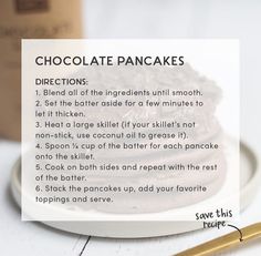 chocolate pancakes on a white plate with instructions