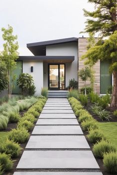 a modern house with large front yard and walkway leading up to the entryway area