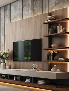 a living room with a large flat screen tv mounted to the side of a wall