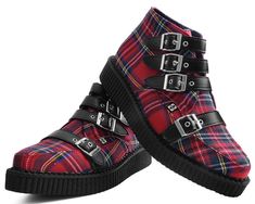 T.U.K RED PLAID 4 BUCKLE POINTED CREEPER BOOT Creeper Boots, Pointed Boots, Simple Shoes, Boots Style, Shoe Last, Red Tartan, Brown Leopard, Pink Leopard, Shoes Outlet