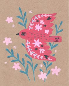 a drawing of a bird with flowers on it