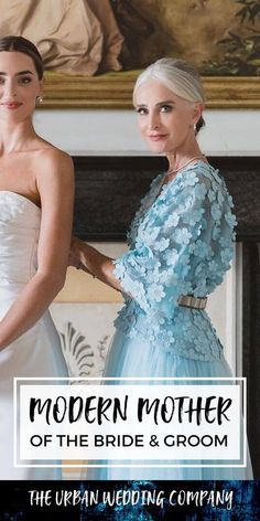 two women standing next to each other in front of a painting with the words modern mother of the bride and groom