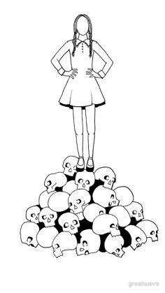 a girl standing on top of a pile of skulls with her hands on her hips