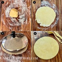 four pictures showing how to make pizza dough