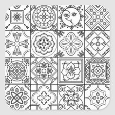 a black and white tile pattern with flowers, leaves and squares in the style of mexican tiles