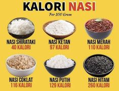 various types of rice in bowls with the words kalori nasi on them