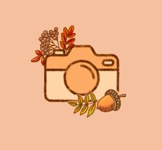 an image of a camera with leaves and acorns on the front, against a pink background