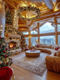 a living room filled with furniture and a christmas tree in the middle of the room