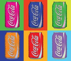 four cans of coca - cola in different colors on a multicolored background, each with the same logo