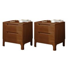 two wooden nightstands side by side with drawers