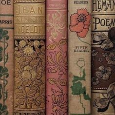 old books lined up in rows with flowers on them and the title written by jean geldow