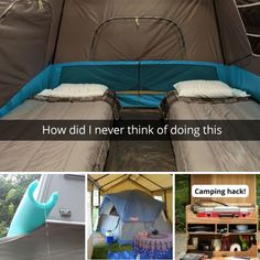 there is a collage of camping hacks in this photo, including two beds and a tent