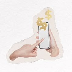 a person's hand holding a cell phone in front of a torn piece of paper