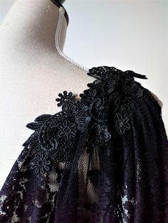 "Black lace cape for halloween wedding from Haizea Couture The black wedding dress cape is the perfect piece for your halloween wedding! Elegant gothic bridal cape made of black lace and black lace applique on the shoulders. It has pins to can be atached with where you want or need. Also you can use it like an overskirt or detachable train. CAPE DETAILS ⚬ Handmade in our atelier with lot of care. ⚬ Ready to ship in 1-3 days. ⚬ Shown in images 2m / 78 inches. ⚬ Black lace fabric. ⚬ Black lace app Black Capelet For Evening Wear, Elegant Fitted Cape For Costume Party, Elegant Black Capelet With Cape Sleeves, Formal Black Cape With Cape Sleeves, Elegant Black Capelet For Party, Black Evening Cape, Elegant Black Party Capelet, Black Capelet For Party, Black Fitted Capelet