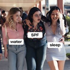 three women walking down the street with their mouths open and words saying sleep, spf, sleep