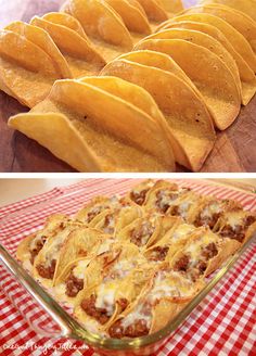 some tacos and tortilla chips on a table