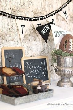 a football themed party with food and decorations