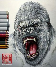 a drawing of a gorilla with its mouth open and teeth wide open, surrounded by colored pencils