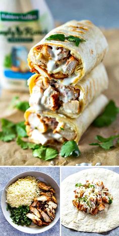 chicken burritos with cheese and sauce on top