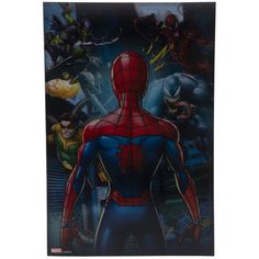 the amazing spider - man poster is shown in front of a group of other superheros