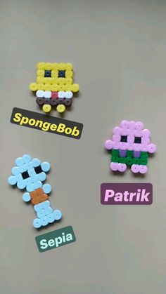 four different types of beads are shown on a table with the words spongebob and patrick