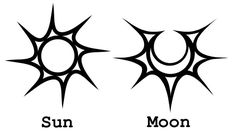 the sun and moon symbols are shown in black ink on a white background, each with different shapes