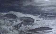 a drawing of waves crashing on rocks in the ocean