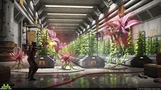 a sci - fi environment with flowers and plants