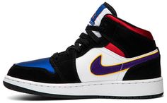 The Air Jordan 1 Mid SE GS ‘Rivals’ takes the retro hoops silhouette and gives it a color collage celebrating the best of MJ’s competitors. Released in late June 2019 for kids . this mid-cut version of the 1985 icon honors the teams that challenged the Bulls for NBA supremacy in the 90s. A blue-and-orange tongue bows to the Knicks while a ‘Bred’ collar nods to the Trailblazers. Swoosh branding has a purple-and-gold Lakers motif . and a blue toe calls out the Pistons Trendy Nike Shoes, Expensive Outfits, Blue Toes, Red Jordans, Rapper Art, Air Jordan 1 Mid Se, Nike Models, Shoes Box, Nike Air Jordan 1