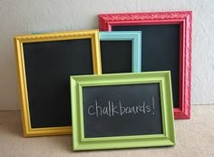 three framed chalkboards with the word chalkboards written on them in different colors and sizes