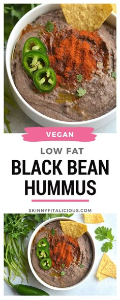 black bean hummus in a bowl with tortilla chips on the side