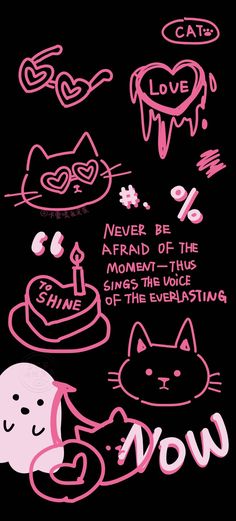 a black background with pink and white doodles on it, including cats and hearts