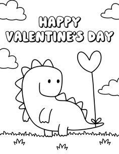 valentine's day coloring page with a dinosaur holding a heart balloon in the sky