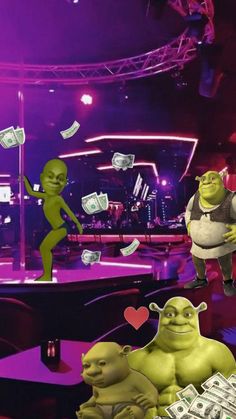 an animated scene with money falling from the ceiling and two cartoon characters in front of them