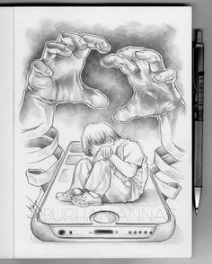 a pencil drawing of a child sitting on top of a cell phone with two hands reaching out